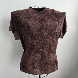 NWT Kasper Brown Textured Chenille Knit Short Sleeve Mock Neck Plush Sweater